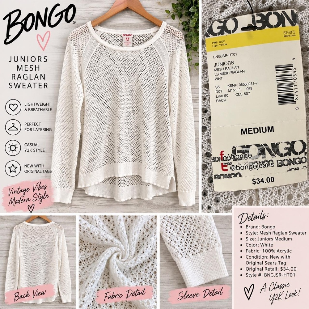 Bongo Juniors White Open Knit Mesh Sweater NWT – Medium